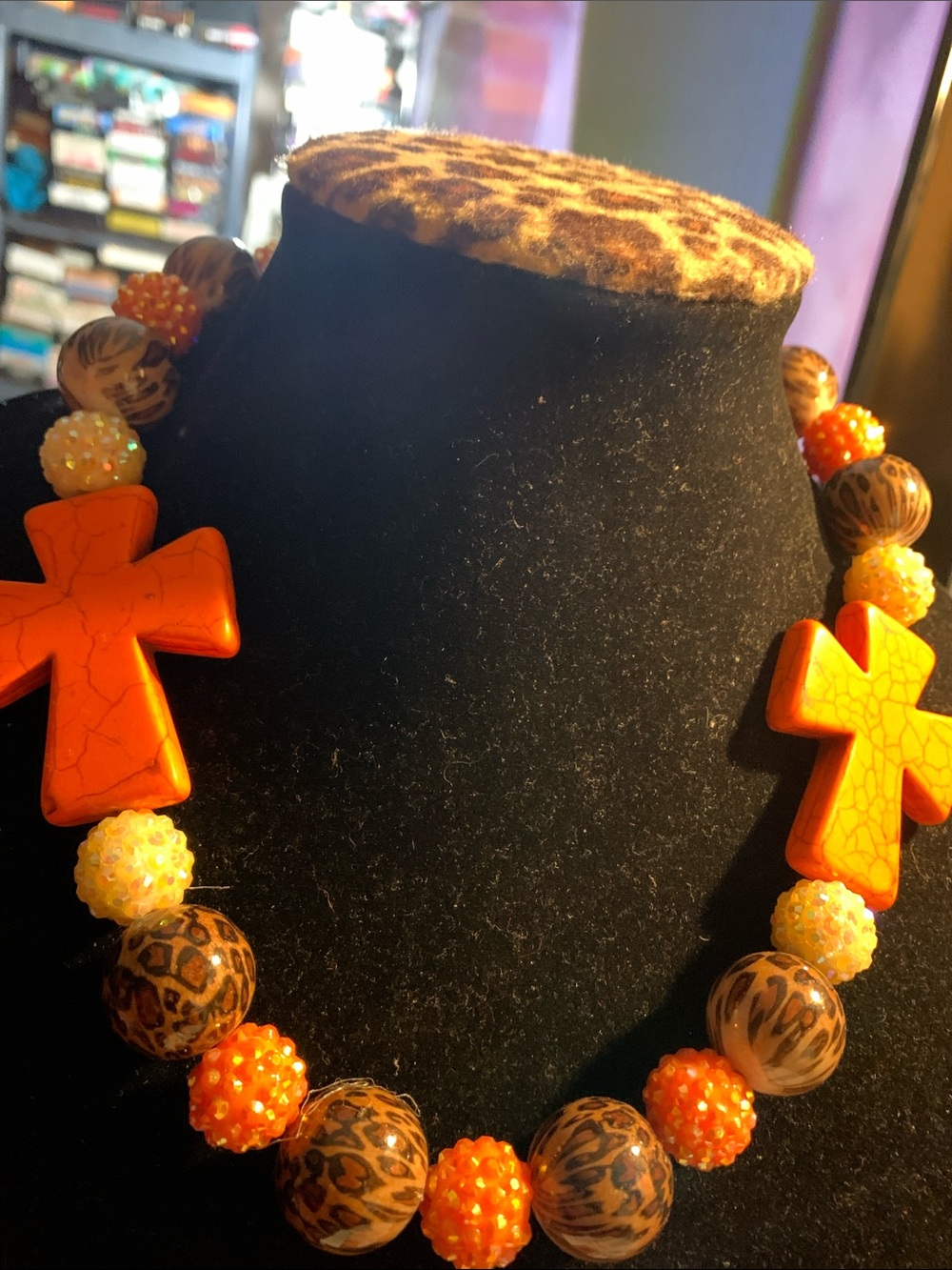 Bold Orange Cross Bead Bubblegum Statement Pendant Necklace